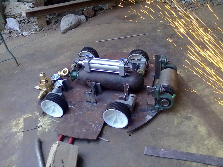 Cutting the chassis, sparks flying