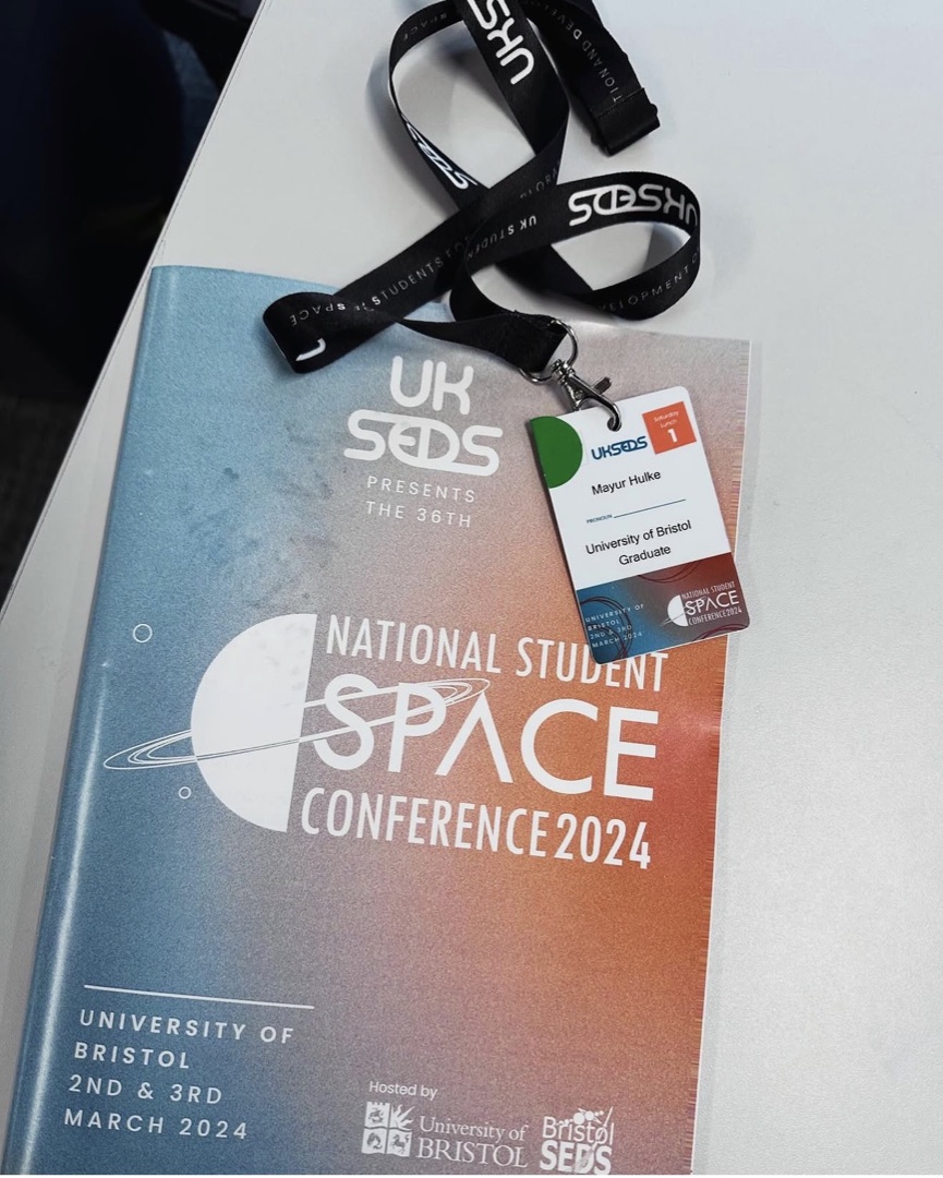 UKSEDS National Student Space Conference 2024 programme and Mayur Hulke attendee badge